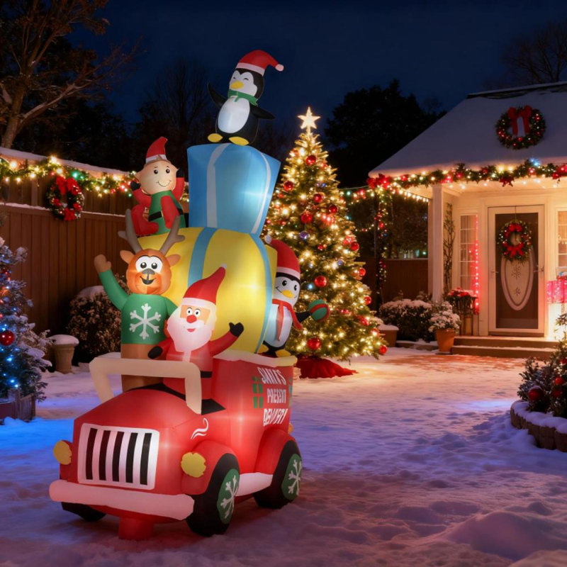 Camion gonflable de livraison de cadeaux de père Noël avec elf, renne et pingouins, décor de jardin extérieur de Noël amusant pour les vibrations festives