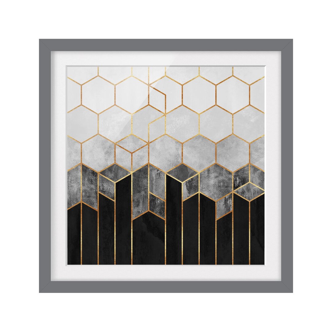 Gerahmtes Poster Golden Hexagons in Schwarzweiß