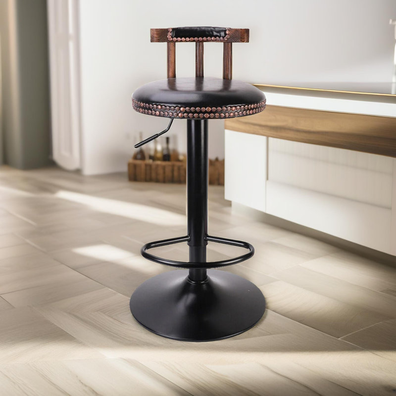 Benoist Rustic Industrial Vegan Leather, Swivel Adjustable Height Stool, Kitchen Barstools, Black