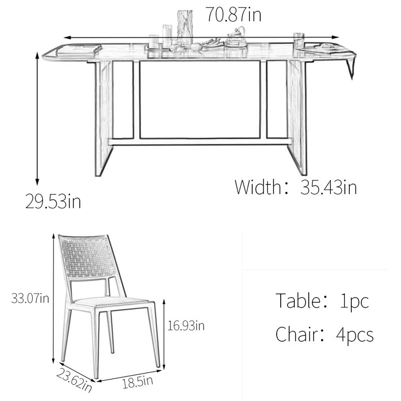 Ensemble de table de salle à manger en rotin et bois massif, 5