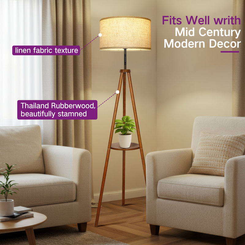 61in Tripod Floor Lamp with Touch Control and Remote Control, Walnut