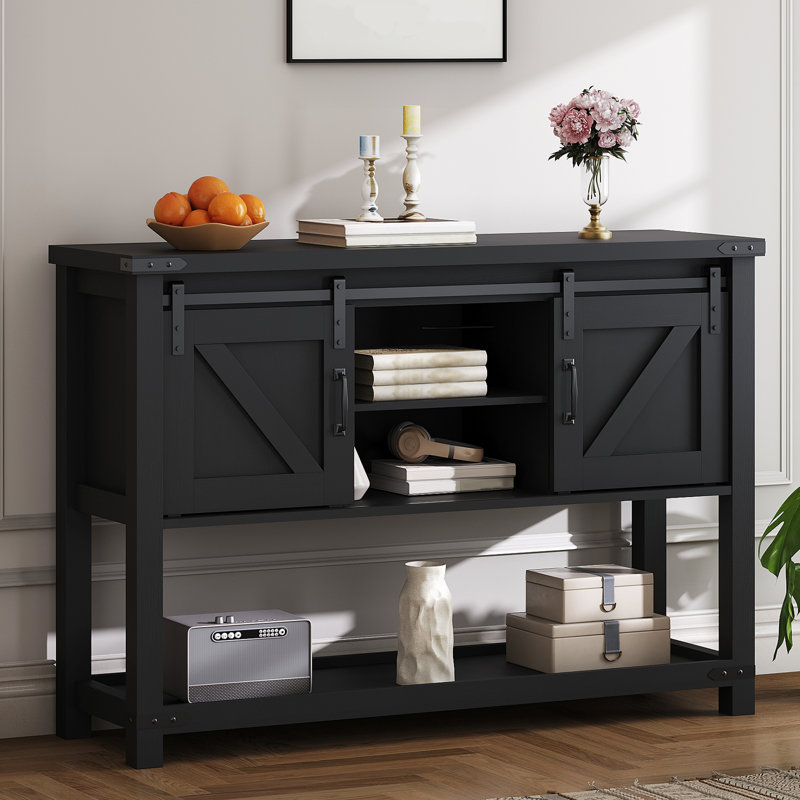 Console de style campagne avec portes de grange coulissantes H 31,9 po Ordonez, H 31,9 po x l 39,4 po x P 13,8 po, Noir