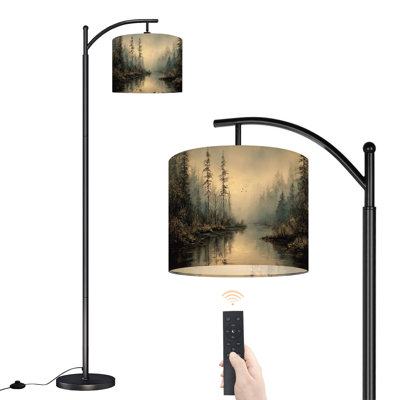 Lampe sur pied à arc avec abat-jour réglable Misty Forest Landscape River Birds Sunrise Vintage Farmhouse Lampadaire