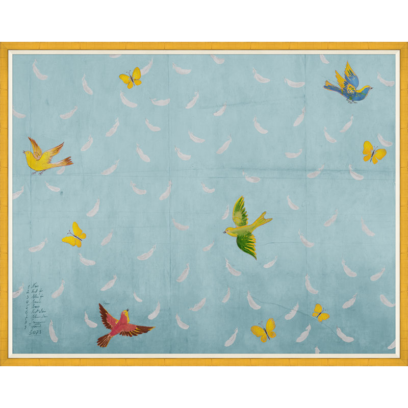 «Blue Feathers» par Paule Marrot - impression, H 43 po x l 54 po x P 1,25 po, Encadrement doré