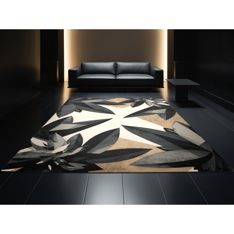 Machine Washable Ortencia Agave Modern Rustic Geometric Shapes Rug in Gray – Black Binding, 5x8