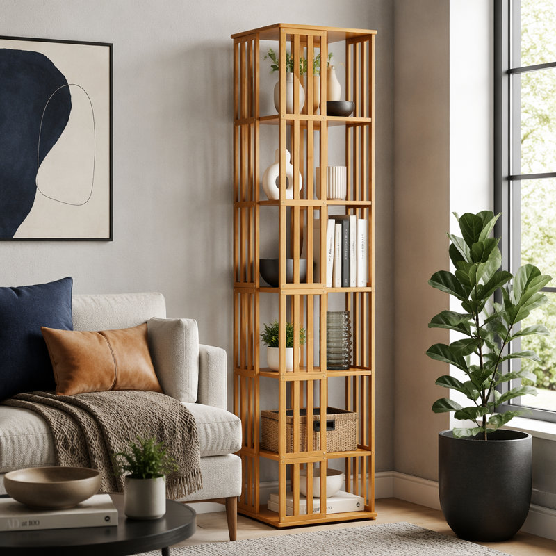 Tour de bibliothèque rotative, bibliothèque pivotante à 360 °, support de rangement en bambou à 6 niveaux pour les livres et la décoration, rangement compact pour la maison et le bureau