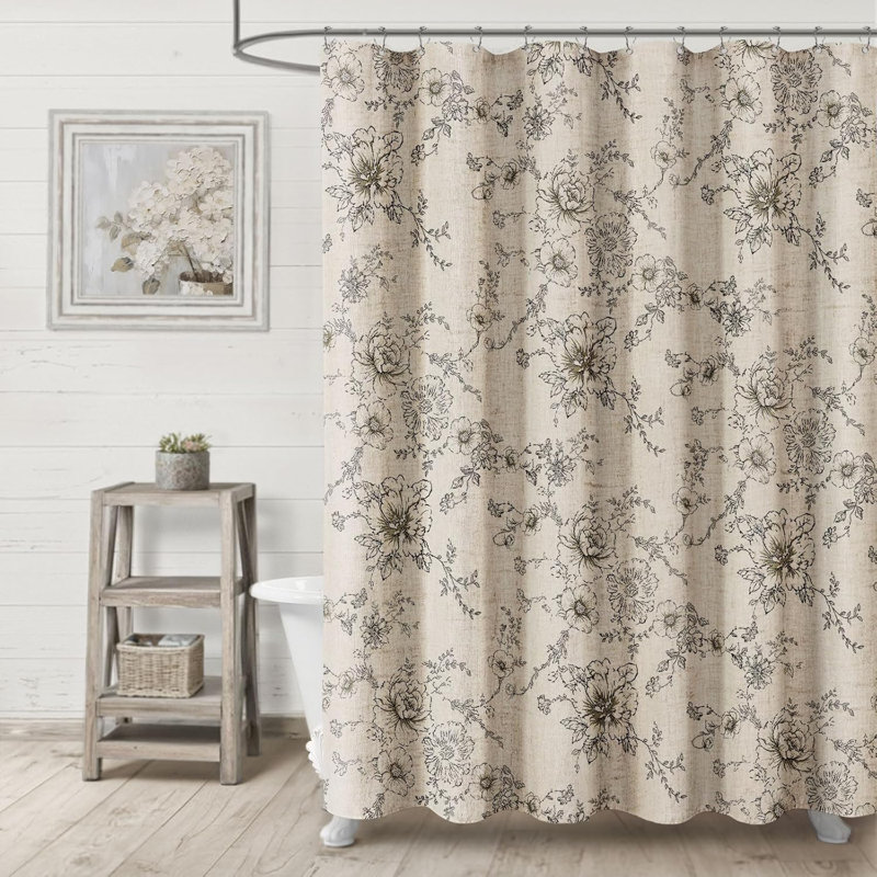 Rideau de douche Farmhouse Floral Vintage, rideaux de douche à motif en lin noir pour salle de bain, taupe brun clair