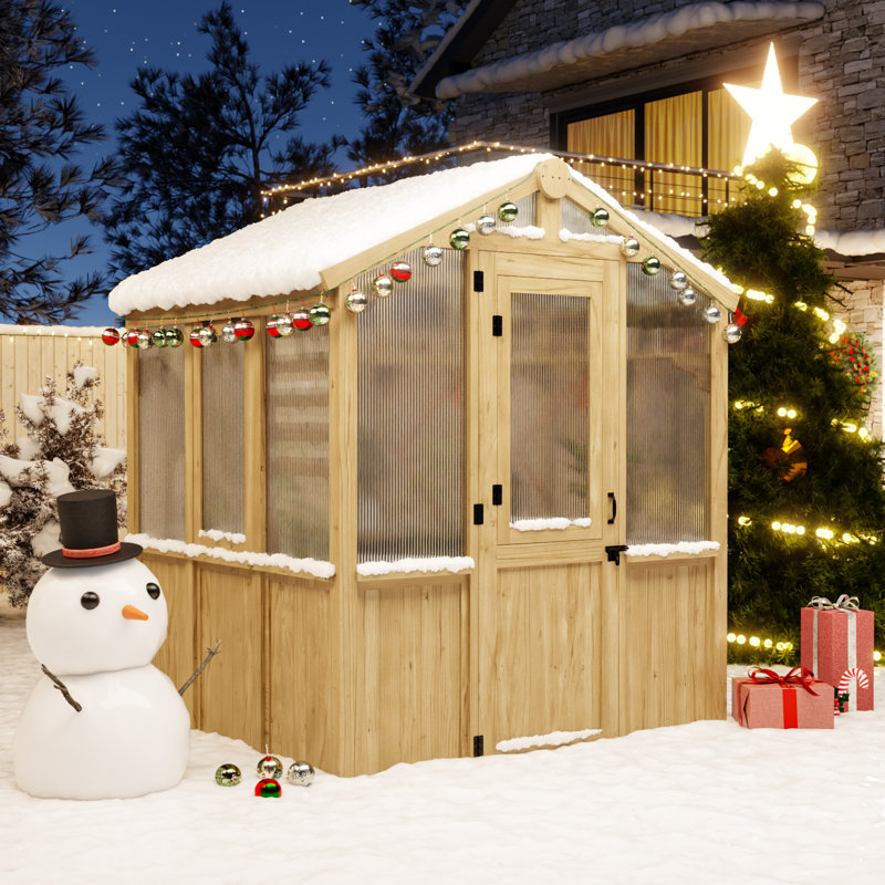 6'W x 6.7'D x 7.7’H Wooden Greenhouse,Cedar Wood and Polycarbonate Walk-In Outdoor Greenhouse 