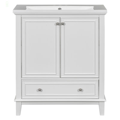 Ensemble de meuble-lavabo 30 po avec lavabo, armoire de salle de bain multifonctionnelle avec portes et tiroir, cadre solide et panneau de fibres à densité moyenne (blanc)