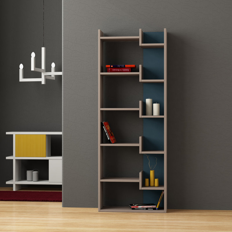 Sinquefield Modern 64.17" H x 23.82" W Geometric Bookcase, Light Mocha/Blue
