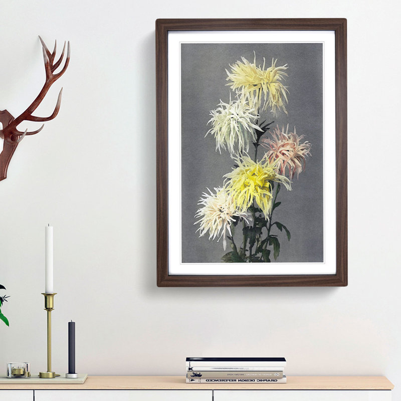Pink & Yellow Chrysanthemums by Ogawa Kazumasa - Picture Frame Painting Print, 65cm H x 48cm W x 2cm D, Walnut Framed