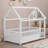 Twin Size Floor Wooden Bed With House Roof Frame, Fence Guardrails,White-1493820009-1493819990