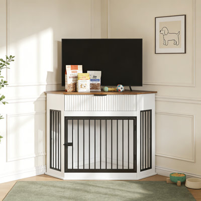 Corner Dog Crate Furniture with Fluted Drawer Storage