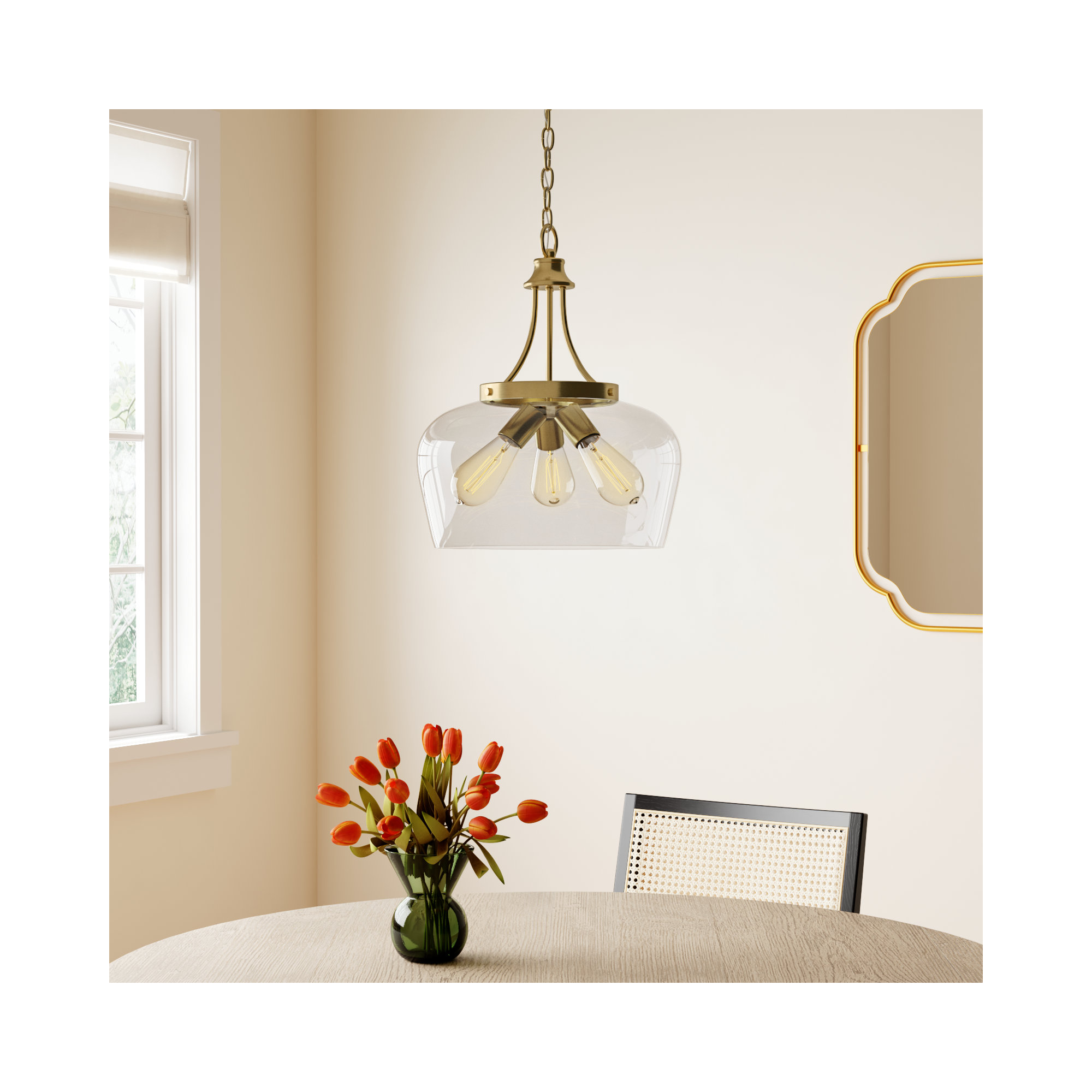 Breena 3 Light Glass Dimmable Pendant, Warm Brass