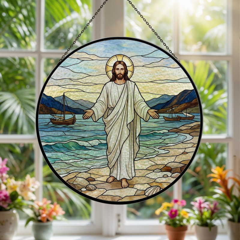 Jesus Walking Stained Glass Window Panel，12"H, 12"H