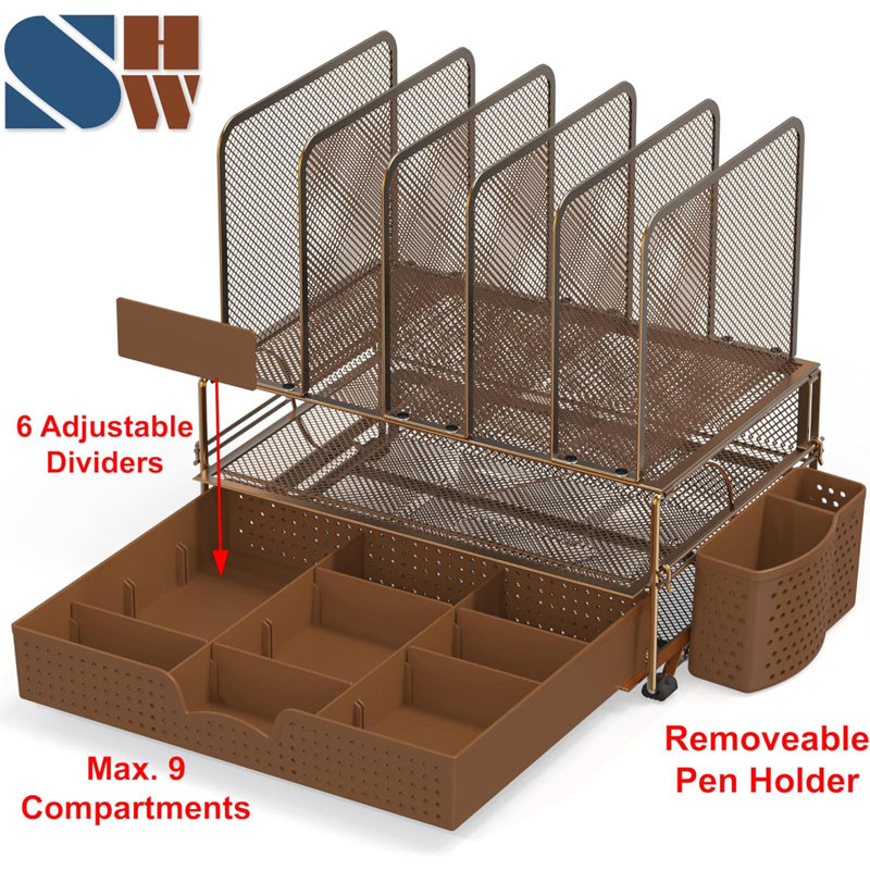 Copper Powder Coated Mesh Desk Organizer with Sliding Drawer