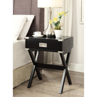Table d'appoint carrée noire pour le salon - tiroir fonctionnel et fabrication stable avec base moderne en bois en forme de X