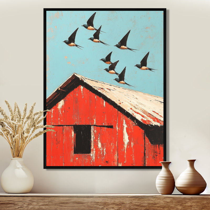 Claremont Swallows Birds Over The Red Barn III - Bird, reproduction d'art sur toile encadrée, Noir, H 20 po x l 12 po