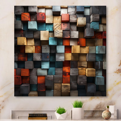 Blue And Red Abstract Cubes IV - Abstract Cubism Metal Wall Art Print