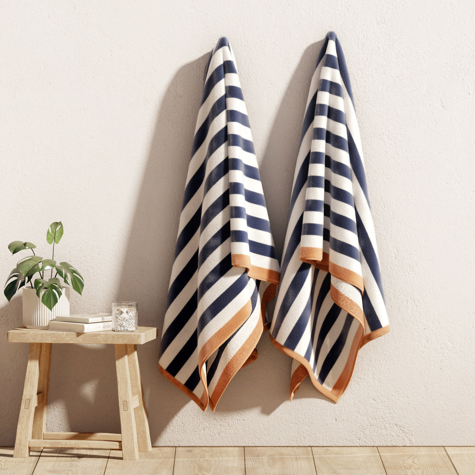 Striped Cotton Oversized Beach Towels, 2, Stone Blue/Clay