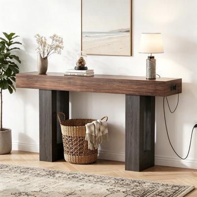 63 Inch Console Table with Power Outlet, Extra Long Sofa Table Behind Couch with USB & Type c Ports, Narrow Entryway Table for Hallway, Entrance, Living Room, 33.3" High, Rustic Brown
