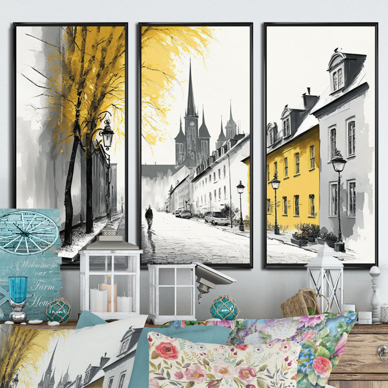 «Old Québec Cityscape I», reproduction sur toile 3 pièces, Cadre noir, H 28 po x l 36 po x P 1 po