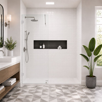 Cascada 34" W x 76" H Frameless Single Fixed Glass Panel,3/8" (10 mm) Tempered Glass with Safety Film, Easy-Clean Coating & Adjustable Support Bar, Chrome