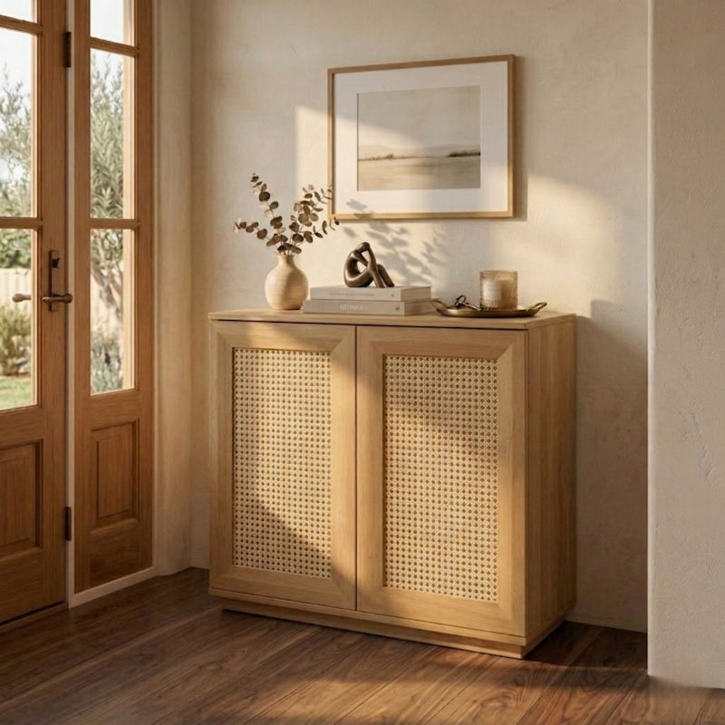 2 Door Storage Cabinet, Solid Wood Rattan Accent Cabinet, Modular Sideboard Cabinet, Expandable Storage System for Living Room & TV Stand, Easy Assembly, Sand