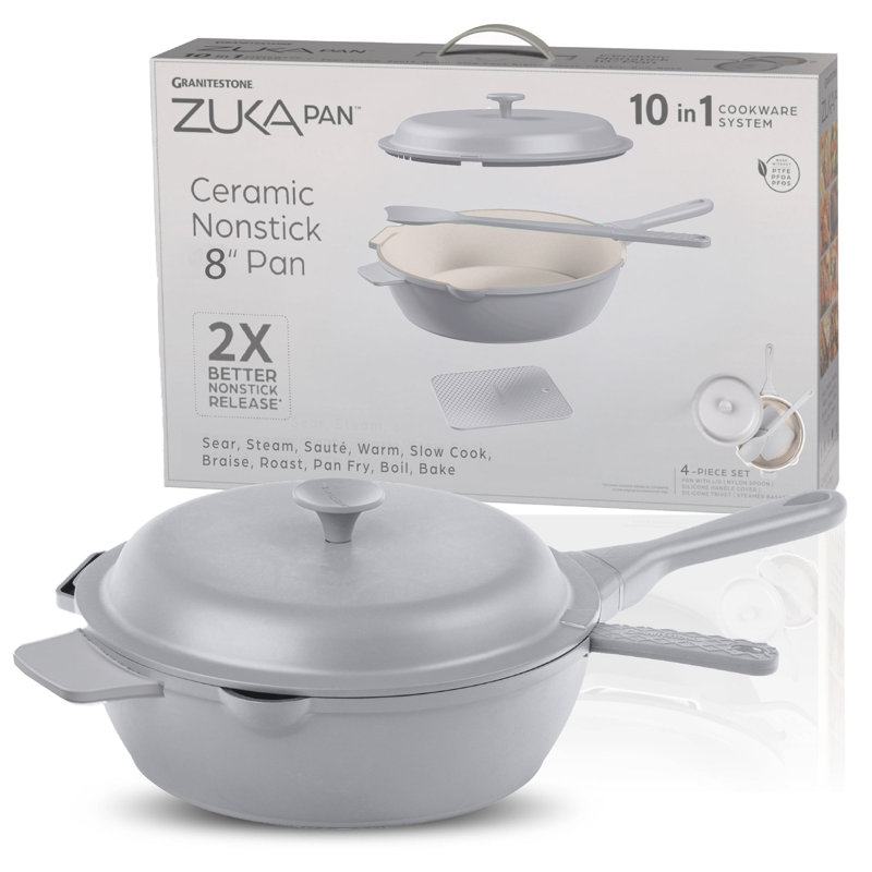 Poêle multifonctionnelle antiadhésive avec couvercle et cuillère en nylon Granitestone Zuka Everyday 8In, Gris