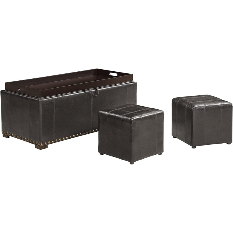 Leather Storage Bench With 2 Side Ottomans, Black