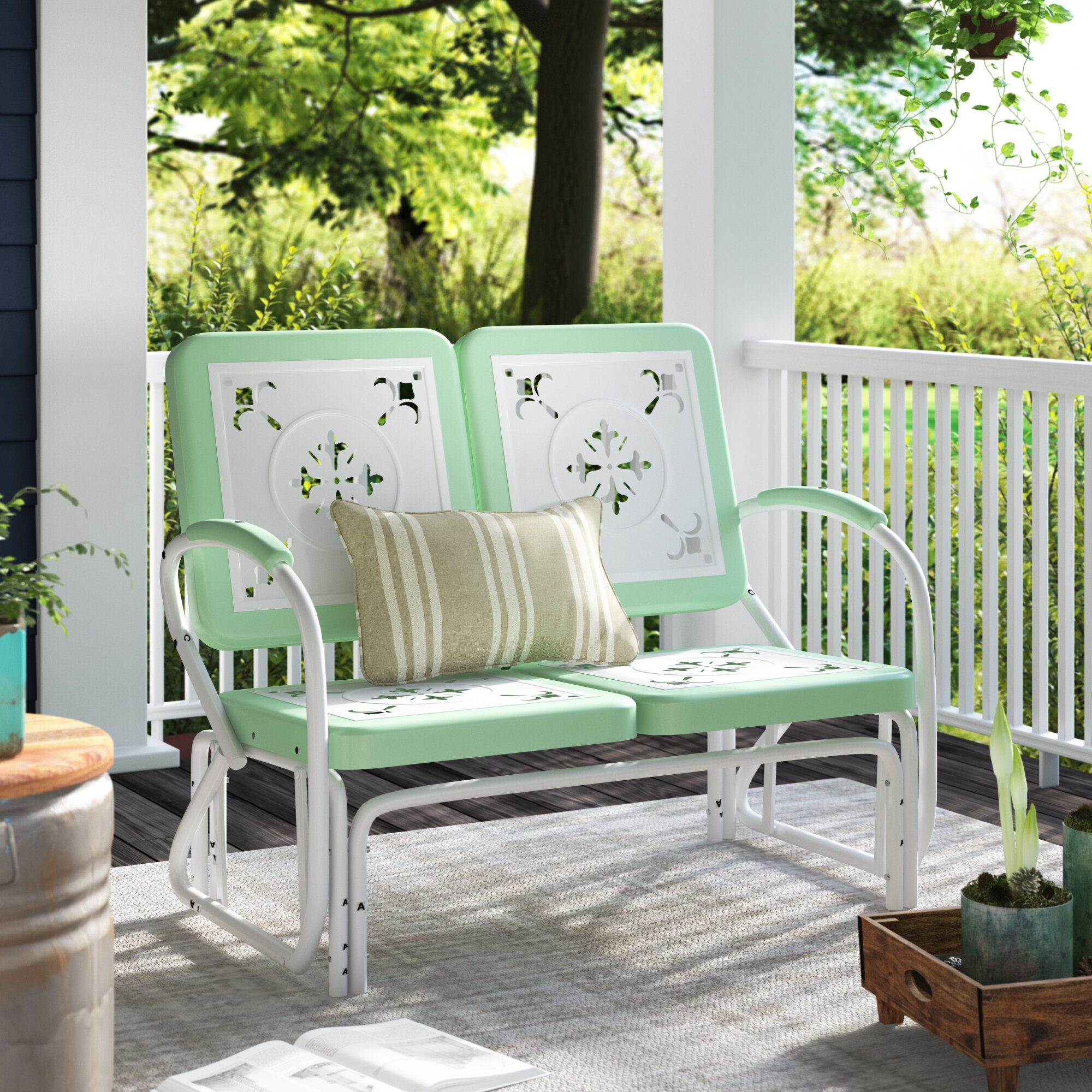 Vintage aluminum porch glider with clearance cushions