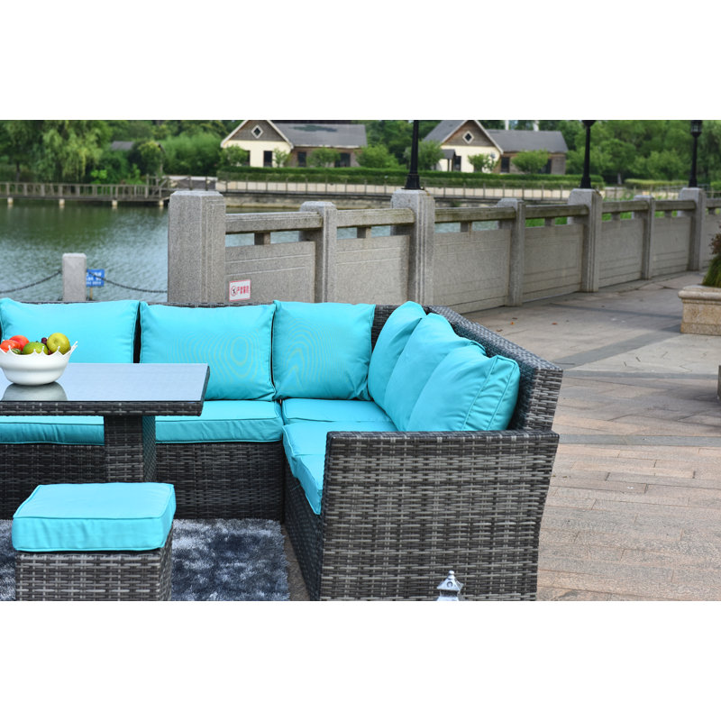Dengler 9 - Person Modular Patio Conversation Set with Cushions, Grey Frame/Turquoise Cushion