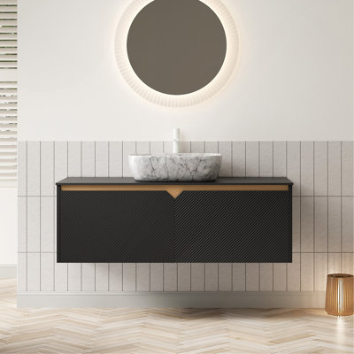 Meuble-lavabo 48 po, meuble de rangement mural en contreplaqué flottant, portes doubles en sergé avec garniture en métal, lavabo rectangulaire en céramique à motif marbré et plateau en pierre frittée noire, noir