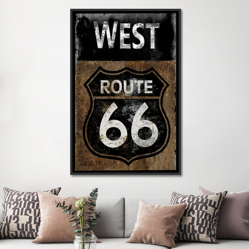 « route 66 west », impression sur toile, H 60 po x l 40po x P 1,5 po, Toile encadrée noire, Pas de tapis