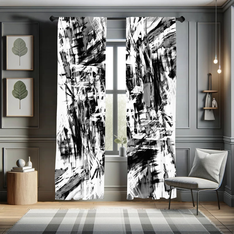  Black and White Curtains, Grunge Art, 56" W x 95" L, White Black/Grey