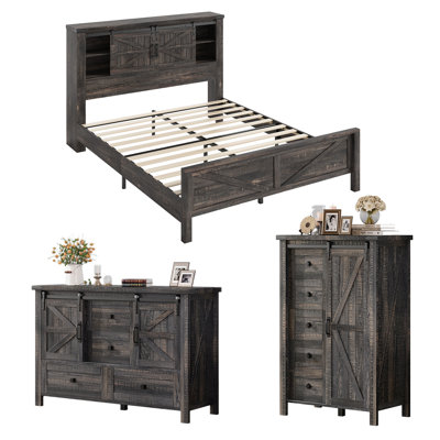 Ensemble de chambre à coucher de style maison de campagne 3 pièces, cadre de lit bibliothèque grand format, commode 5 tiroirs, commode 4 tiroirs, chêne foncé