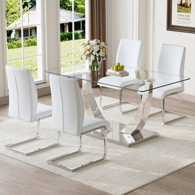 Table And Chair Set.Modern Dining Table,Tempered Glass Tabletop And Silver-Colored Leg.Paired With 4 Soft And Comfortable PU Chair, For Dinner, Meetings, Home And Office Decor.