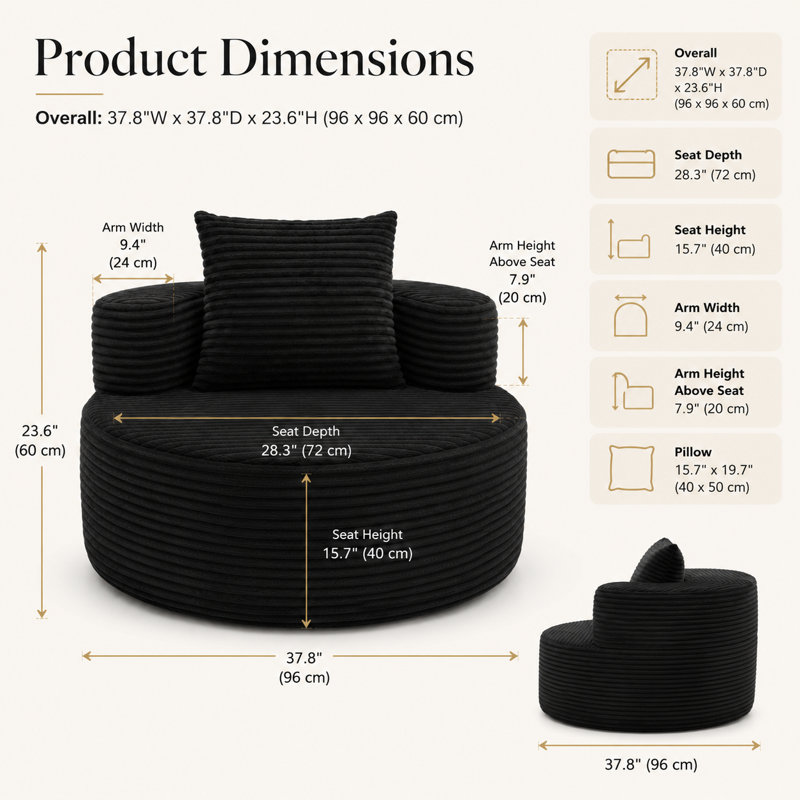 Fauteuil d'appoint 39 po en flanelle semi-circulaire avec siège profond et coussin