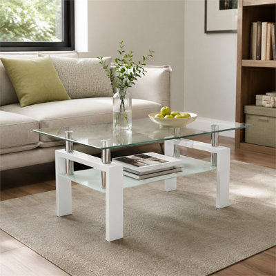 38.7-inch Double-Layer Transparent Glass Rectangular Coffee Table, White Iron Light Luxury Living Room Double-Layer Storage Multifunctional Coffee Table