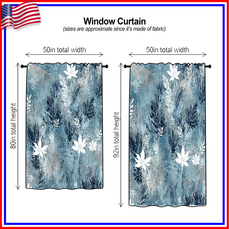 Rideaux de fenêtre à motif floral bleu, voilages et voilages à motif floral - 1 panneau, 50 po x 80 po - 1 panneau