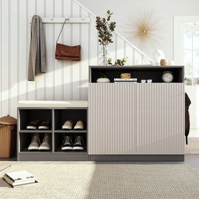 U_Style Entryway Bench with Storage, 2-Door Shoe Cabinet with Adjustable Shelves, Beige & Grey Hallway Storage Bench with Removable Cushion and Hooks