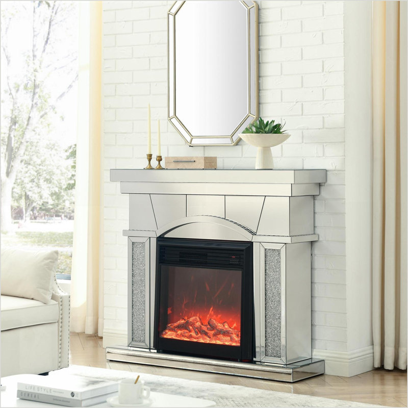 Electric Fireplace, Charming Mirror Finish with Crystals, 46"W x 12.5"D x 41"H | Electric | MDF+glass