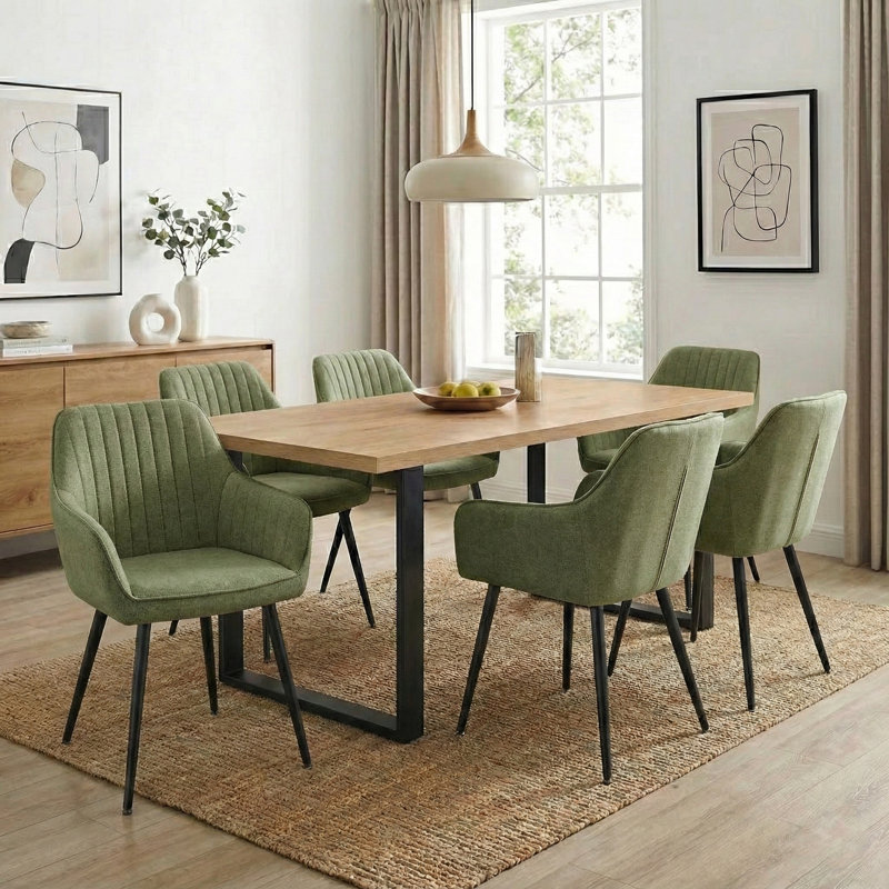 Bhagirath 31.5'' W 6-Person Rectangular Dining Set, Oak, Green
