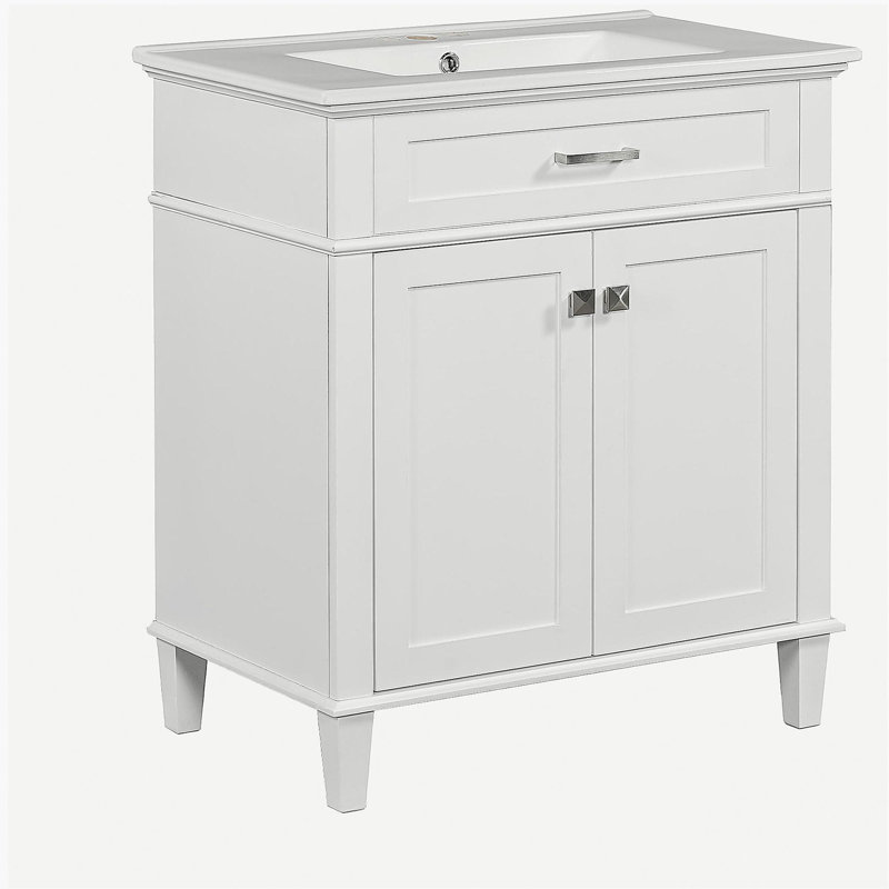 Meuble-lavabo de 30 po avec lavabo en céramique, portes à fermeture en douceur et tablettes réglables, Blanc