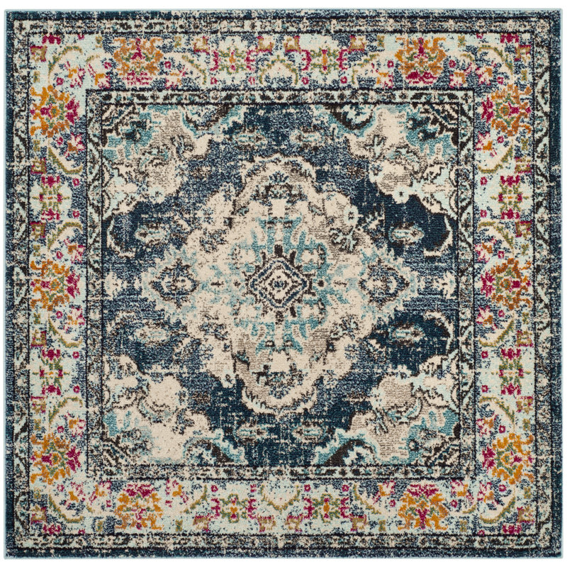 Tapis oriental Almyra, Carré 12 pi, Vert forêt / bleu clair