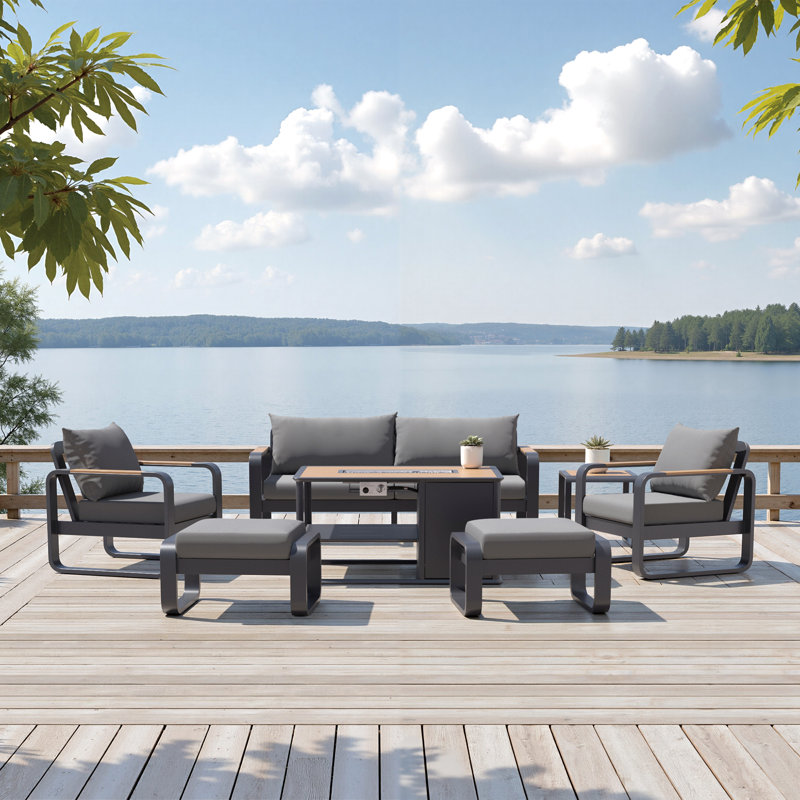 Andes 7-Piece Sunbrella® Outdoor Patio Fire Seating Set - Canvas Charcoal, Canvas Charcoal