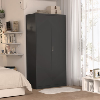 Metal Wardrobe With Hanging Rod And Compartments, Lockable Closet With Locks And Keys For Bedroom, Living Room And Laundry Room