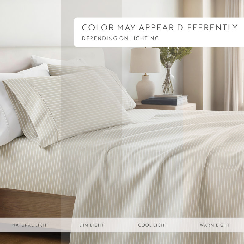 4 Piece Delicate Details Pattern Sheet Set, Queen Sheet Set with 2 Standard Pillowcase, Natural Striped