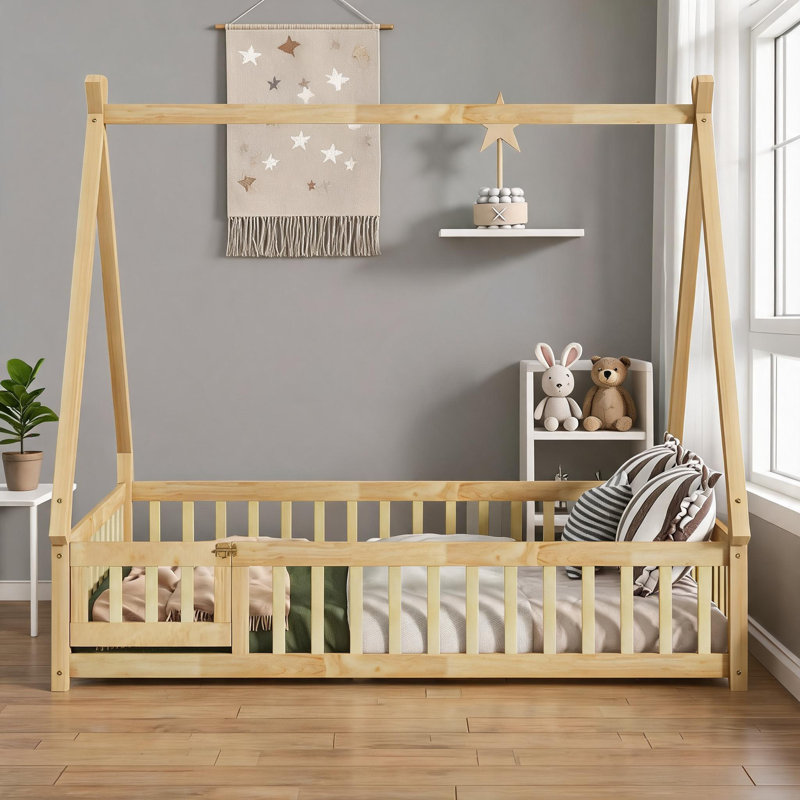 Tent-shaped Solid Rubber Wood Platform Bed, Full Size, Natural Finish, Floor Bed with Guardrails for Bedroom, Natural, Full