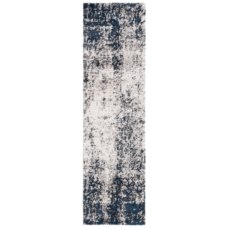 Tapis à poils longs Mertens 112 ivoire / bleu marine, Tapis de couloir 2 pi 2 po x 8 pi